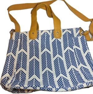 White Elm Bag Blue Stripe Geometric Beach Bag Purse Tote Canvas Shoulder Carry